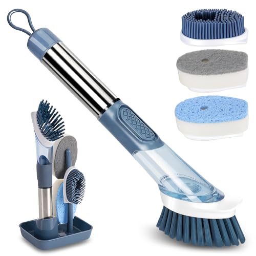 AMFUN Spülbürste mit Spülmittelspender, Befüllbare Spülbürste mit 4 Ersatz Bürstenköpfe Und 1 Lagerregal, Multifunktional Geschirrbürste, Spülbürsten mit Stiel für Geschirr, Töpfe, Spülbecke Reinigung von AMFUN