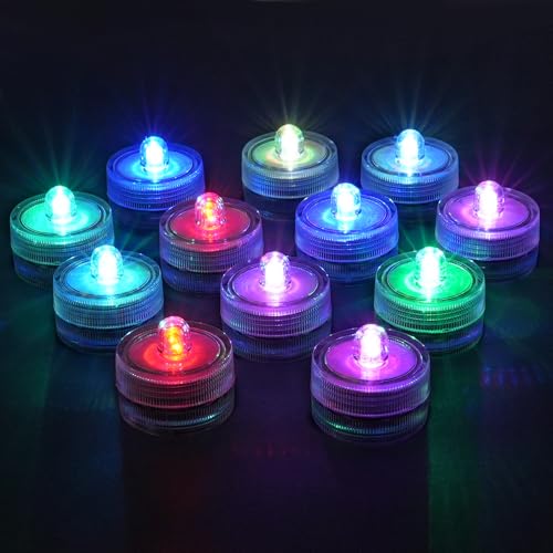 AMFUN Tauchbare LED-Lichter, 12 Stück Flammenlose LED Kerzen Teelichter, Wasserdichte Lichter, Mini Unterwasser Licht für Aquarium Garten Hochzeitsfeier, Farblicht von AMFUN