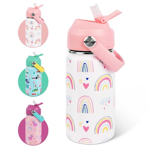 AMFUN Trinkflasche Kinder Edelstahl, 350ML Trinkflasche Kinder, Edelstahl Kinderflasche Auslaufsicher, Wasserflasche mit Strohhalm, Trinkflasche Kleinkind Thermosflasche für Schule - BPA Frei von AMFUN