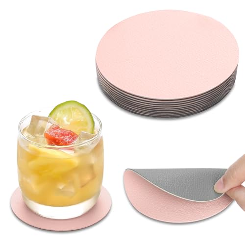 AMFUN Untersetzer Gläser 15er Set, Doppelseitigen Leder Untersetzer, Rund rutschfest Glasuntersetzer, rutschfest Abwaschbare Getränkeuntersetzer(Rosa + Grau) von AMFUN