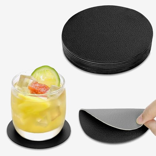 AMFUN Untersetzer Gläser 15er Set, Doppelseitigen Leder Untersetzer, Rund rutschfest Glasuntersetzer, rutschfest Abwaschbare Getränkeuntersetzer(Schwarz + Grau) von AMFUN