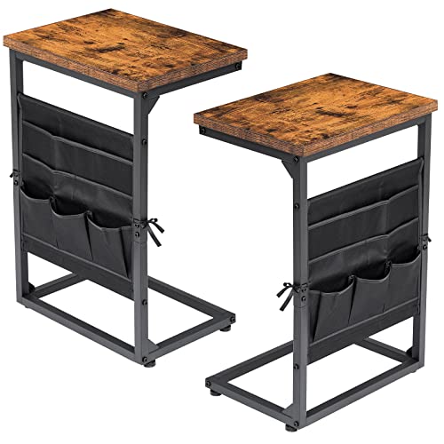 AMHANCIBLE Beistelltisch, C Form Sofatisch 2er Set, kleine Kaffeetisch Holz, Nachttische, Sofatisch,Wohnzimmertisch mit verstellbare Füße, Metallgestell, Industrie-Design, Dunkelbraun von AMHANCIBLE