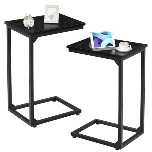 AMHANCIBLE Beistelltisch 2er Set, Couchtisch C Form, Wohnzimmertisch mit Metallgestell, mobiler Kaffeetisch, Sofatisch für Kaffee und Laptop, Beistelltisch Couch für Schlafzimmer, Wohnzimmer, Schwarz von AMHANCIBLE