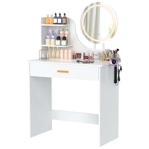 AMHANCIBLE LED Schminktisch mit Spiegel 80x40x130cm | Frisiertisch mit 5 verstellbaren Haken & großer Schublade | Kosmetiktisch mit 3-Farben LED Beleuchtung für Schlafzimmer | Moderne Vanity Kommode von AMHANCIBLE