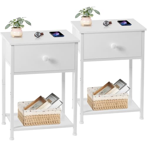 AMHANCIBLE Nachttisch 2er Set, Beistelltisch mit Stoffschubladen, Nachtkommode mit 2 Ablagen, Nachtschrank für Schlafzimmer, Wohnzimmer, Industriestil, 40 x 30 x 55 cm Weiß EHET03SDWT von AMHANCIBLE