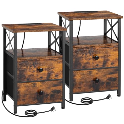 AMHANCIBLE Nachttisch mit Ladestation, Nachtschrank 2er Set, Beistelltisch mit 2 Stoffschubladen, Nachttisch für kleine Räume, Sofa Beistelltisch für Wohnzimmer, Rustikales Braun HET05XBR von AMHANCIBLE