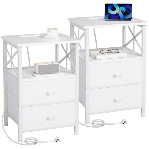 AMHANCIBLE Nachttisch mit Ladestation, Nachtschrank 2er Set, Beistelltisch mit 2 Stoffschubladen, Nachttisch für kleine Räume, Sofa Beistelltisch für Wohnzimmer, Weiß HET05XWT von AMHANCIBLE