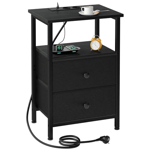 AMHANCIBLE Nachttisch mit Ladefunktion, Beistelltisch mit Stoffschubladen, Sofatisch mit offenem Regal, mit USB-Anschlüssen & Steckdosen, Nachtschrank für Schlafzimmer, Wohnzimmer, Schwarz HETS020BK-1 AMHANCIBLE Nachttisch mit Ladefunktion, Beistelltisch mit Stoffschubladen, Sofatisch mit offenem Regal, mit USB-Anschlüssen & Steckdosen, Nachtschrank für Schlafzimmer, Wohnzimmer, Schwarz HETS020BK-1 von AMHANCIBLE