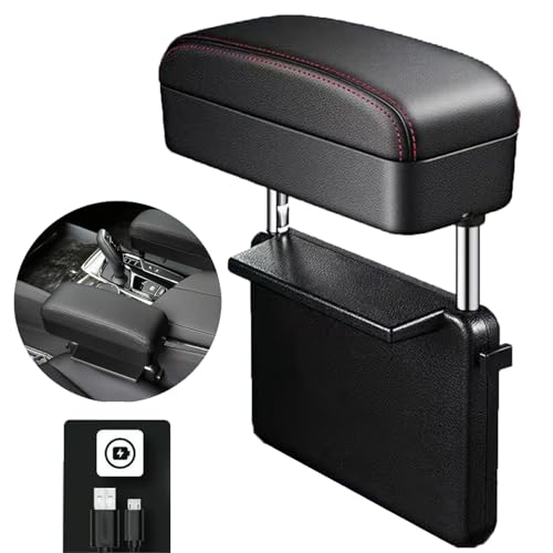 Ellenbogenstütze Auto, Autositz Armlehnen Aufbewahrungsbox, Leder Mittelarmlehne Mittelkonsole Gap Organizer für Alfa Romeo Giulietta, Kabelloses Laden Einstellbarer HöHe,B/Black-red von AMHIL