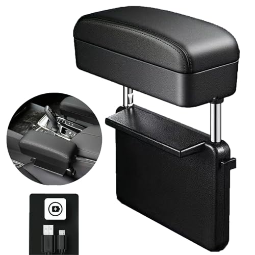 Ellenbogenstütze Auto, Autositz Armlehnen Aufbewahrungsbox, Leder Mittelarmlehne Mittelkonsole Gap Organizer für FIAT Tipo 500 500L 500X Ducato, Kabelloses Laden Einstellbarer HöHe,A/Black von AMHIL