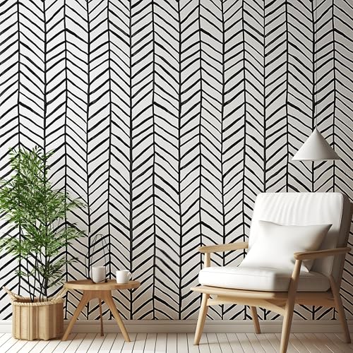 AMIGO Selbstklebende Vinyl-Tapete Schwarzer Fischgrätenstreifen - Abwaschbare Wandfolie für Küchenrückwand, Möbel, Schlafzimmer oder Türen 44x500cm von AMIGO