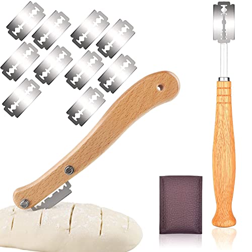 2 Stück Brotbäder Slashing Werkzeug, Bäckermesser Brot Lahm Scoring Tool Set, Edelstahl Holzgriff Set, Teigmesser Baguettemesser mit 10 Rasierklinge für DIY Brotteig Muster von AMIGOGO