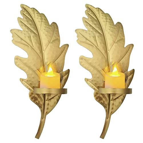 AMIJOUX Wandleuchter Kerzenhalter Gold-Set Mit 2 Wand-Kerzenhalter Aus Metall Für Wohnkultur Hochzeiten Veranda Leaf Wandlampe Zum Aufhängen Für Wohn-Esszimmer Badezimmer von AMIJOUX