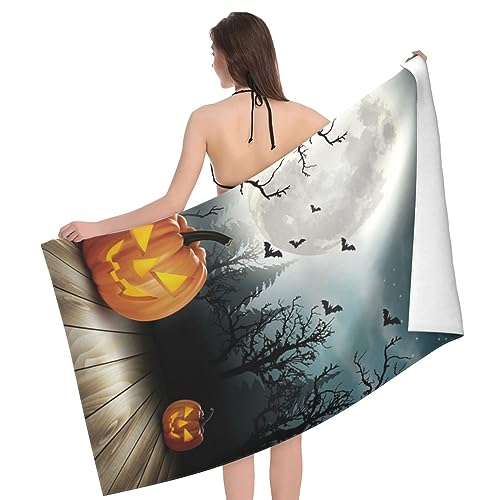 AMINNU Halloween-Strandtuch mit Mond, Fledermaus, Kürbis, bedruckt, Mikrofaser, saugfähig. Weich, hautfreundlich und saugfähig, verwendet in Badezimmern, Stränden und Schwimmbädern. von AMINNU