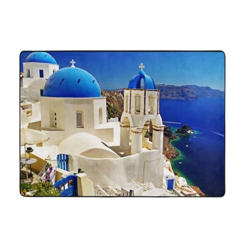 AMINNU Santorini Griechische Insel Meerblick Waschbare Teppiche Super Weich Rutschfest Teppich Kann Im Wohnzimmer, Schlafzimmer Und Korridor Verwendet Werden 148x203cm von AMINNU