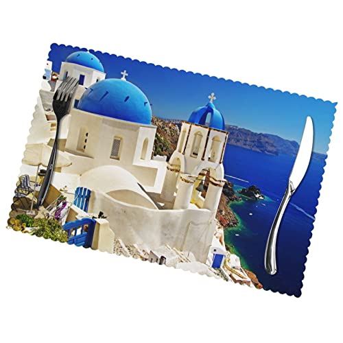 Santorini Platzsets mit griechischem Insel, Meerblick, 6er-Set, hitzebeständig, waschbar und wiederverwendbar. Dick und langlebig, Tischmatte. 30 x 45 cm. von AMINNU
