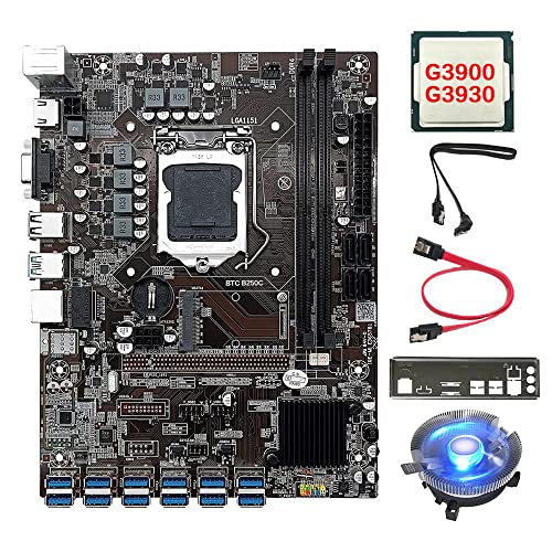 AMIUHOUN B250C 12 Karten BTC Mining Motherboard + G3900/G3930 CPU + Lüfter + 2 x -Kabel + Blende 12 x USB 3.0 (PCIE 1X) LGA1151 DDR4 MSATA von AMIUHOUN
