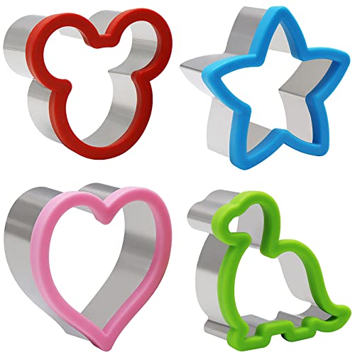 4 Stück Ausstechformen Kinder Set, Sandwich Ausstecher Brotausstechformen Edelstahl Komfortgriff Ausstechformen Set Brot Ausstecher Set Sanwich Gemüse Obst Ausstecher für Kuchen, Keks, Gemüseschneider von AMJKEJI