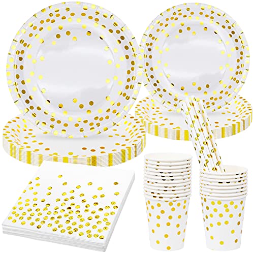 80 Stück Weiß und Gold Partygeschirr, 20 GäSte Einweggeschirr Set Papiergeschirr Servietten Papierbecher Pappteller Party Einweggeschirr mit Golden Dot für Geburtstag Hochzeit Brautdusche Weihnachten von AMJKEJI