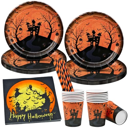 Halloween Partygeschirr Set, 68 Stück Halloween Geschirr Set for 16 Gäste Réutilisable Halloween Papiergeschirr Set Hexenschloss Kürbis Tischdeko Partygeschirr Set Halloween Party Supplies Halloween Partygeschirr Set, 68 Stück Halloween Geschirr Set for 16 Gäste Réutilisable Halloween Papiergeschirr Set Hexenschloss Kürbis Tischdeko Partygeschirr Set Halloween Party Supplies von AMJKEJI