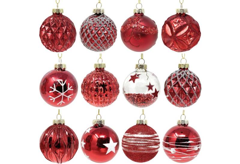 AMLI Weihnachtsbaumkugel Weihnachtskugeln Glas Deluxe Rot 6cm (12 St), 12er Set Moderne Weihnachtskugeln handbearbeitet Christbaumschmuck von AMLI