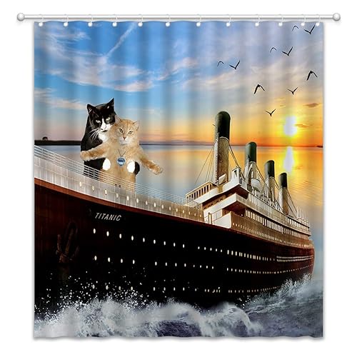 AMNYSF Lustiger Katzen Duschvorhang Haustier Kätzchen Paar Cosplay im nautischen Schiff, tropischer Ozean Sonnenuntergang Scenic Decor Stoff Polyester Badezimmer Vorhänge mit Haken 178 x 178 cm von AMNYSF