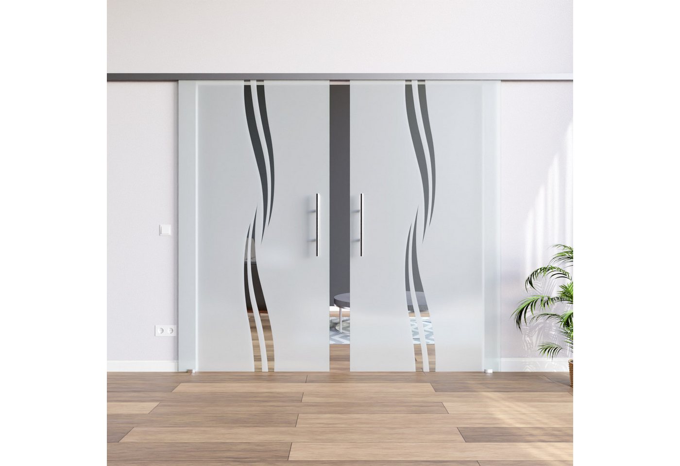 AMOD Glasschiebetür M2-GE420+DPL, 2-flügelig mit Griffstangen (beidseitig) und SoftStop (beidseitig) von AMOD