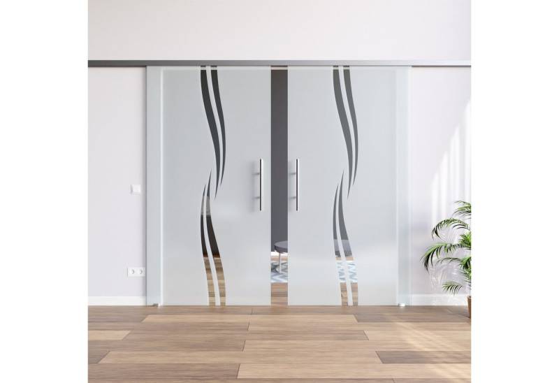 AMOD Glasschiebetür M2-GE420+DPL, 2-flügelig mit Griffstangen (beidseitig) und SoftStop (beidseitig) von AMOD