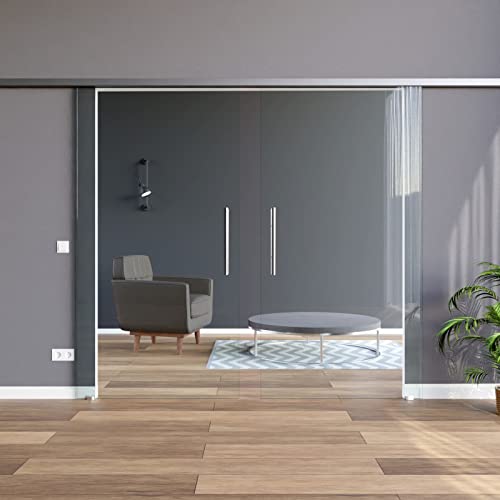 BC-775-420-AS-DPL: Schiebetürsystem doppelflügelig ESG 2x775x2050x8mm, zeitloses klares Glas, ohne Dekor; Schienensystem ALU SlimLine SoftStop; Griffstange rund 420 von AMOD