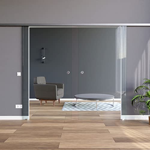 BC-900-2-AS-DPL: Schiebetürsystem doppelflügelig ESG 2x900x2175x8mm, zeitloses klares Glas, ohne Dekor; Schienensystem ALU SlimLine SoftStop; Griffmuschel von AMOD