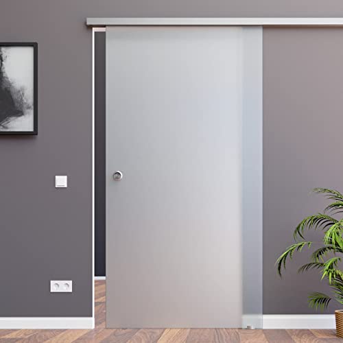 BS-775D-AS: Schiebetürsystem ESG 775x2050x8mm Dekor S, vollsatiniert; Schienensystem ALU SlimLine SoftStop; Griffmuschel von AMOD