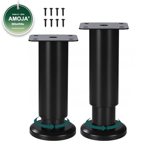 AMOJA 2 Stück Höhenverstellbare Möbelfüße (inkl. Schrauben), 12-18cm Schwerlast-Metallersatzfüße mit Gummi-Antirutsch-Pads, passend für Betten, Sofas, Schränke, Badezimmerschränke &Tisch, Schwarz von AMOJA