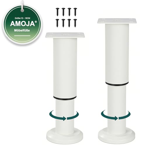 AMOJA 2 Stück Höhenverstellbare Möbelfüße (inkl. Schrauben), 12-18cm Schwerlast-Metallersatzfüße mit Gummi-Antirutsch-Pads, passend für Betten, Sofas, Schränke, Badezimmerschränke &Tisch, Weiß von AMOJA