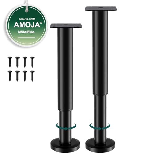 AMOJA 2 Stück Höhenverstellbare Möbelfüße (inkl. Schrauben), 18-32cm Schwerlast-Metallersatzfüße mit Gummi-Antirutsch-Pads, passend für Betten, Sofas, Schränke, Badezimmerschränke &Tisch, Schwarz von AMOJA