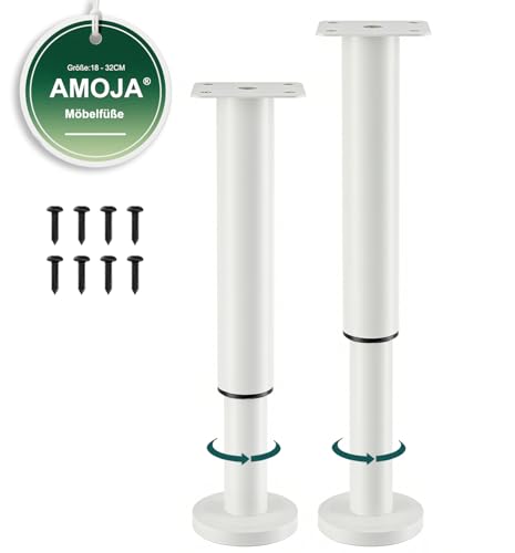 AMOJA 2 Stück Höhenverstellbare Möbelfüße (inkl. Schrauben), 18-32cm Schwerlast-Metallersatzfüße mit Gummi-Antirutsch-Pads, passend für Betten, Sofas, Schränke, Badezimmerschränke &Tisch, Weiß von AMOJA