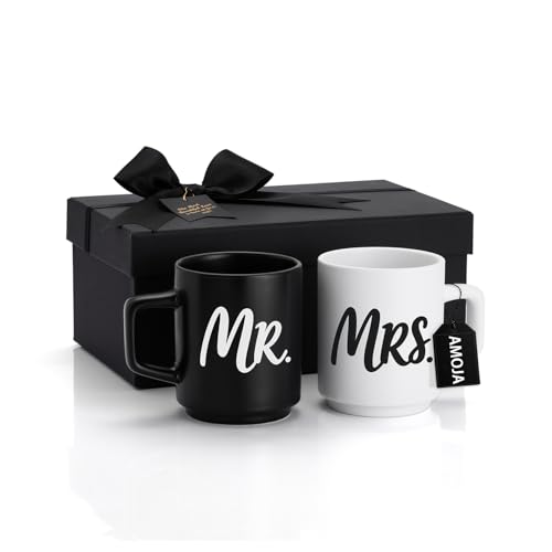 AMOJA 2 Stück Mr und Mrs Tassen – 310 ml Liebespaar-Kaffeebecher, Geschenk zur Hochzeit, Verlobung oder Jahrestag,Hochzeitsgeschenke für Braut und Bräutigam,Paar-Tassen-Set (Schwarzweiß) von AMOJA