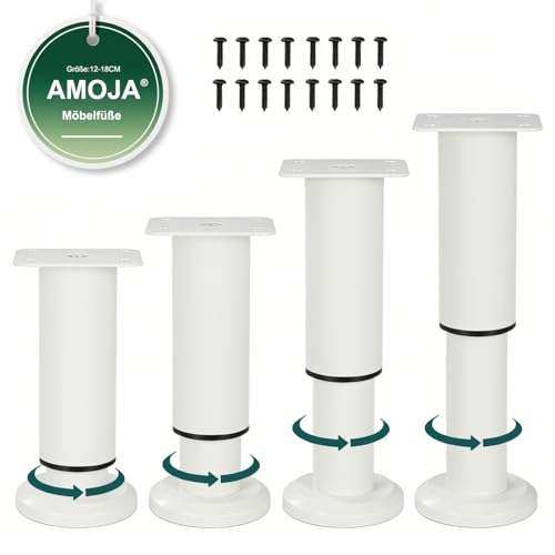 AMOJA 4 Stück Höhenverstellbare Möbelfüße (inkl. Schrauben), 12-18cm Schwerlast-Metallersatzfüße mit Gummi-Antirutsch-Pads, passend für Betten, Sofas, Schränke, Badezimmerschränke &Tisch, Weiß von AMOJA
