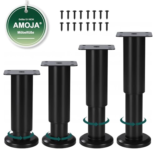 AMOJA 4 Stück Höhenverstellbare Möbelfüße (inkl. Schrauben), 12-18cm Schwerlast-Metallersatzfüße mit Gummi-Antirutsch-Pads, passend für Betten, Sofas, Schränke, Badezimmerschränke &Tisch, Schwarz von AMOJA