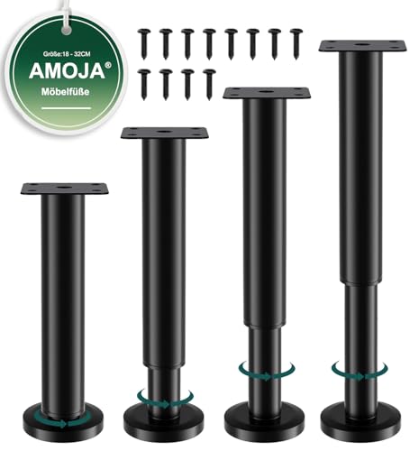 AMOJA 4 Stück Höhenverstellbare Möbelfüße (inkl. Schrauben), 18-32cm Schwerlast-Metallersatzfüße mit Gummi-Antirutsch-Pads, passend für Betten, Sofas, Schränke, Badezimmerschränke &Tisch, Schwarz von AMOJA