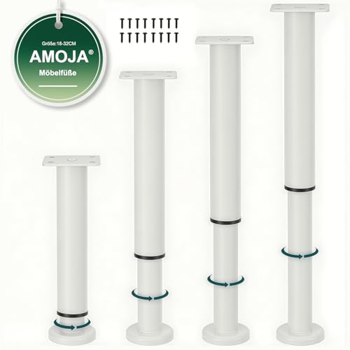 AMOJA 4 Stück Höhenverstellbare Möbelfüße (inkl. Schrauben), 18-32cm Schwerlast-Metallersatzfüße mit Gummi-Antirutsch-Pads, passend für Betten, Sofas, Schränke, Badezimmerschränke &Tisch, Weiß von AMOJA