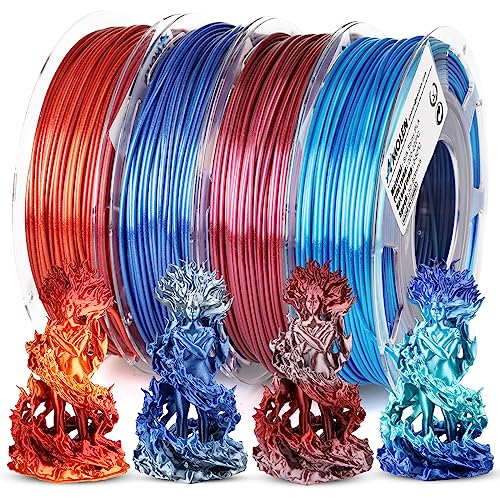 AMOLEN Silk PLA 3D Drucker Filament, PLA Filament 1.75mm, Silk Shiny Filament Bundle, Rot Gold, Blau Silber, Rot Silber, Blau Grün, Farbverlauf Filament 200gX 4 Spulen von AMOLEN