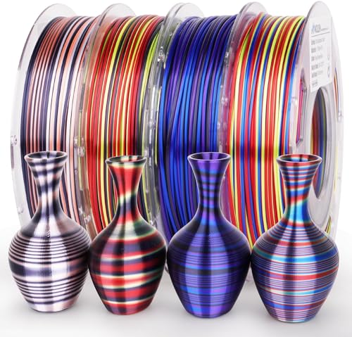 AMOLEN Silk PLA 3D-Drucker Filament Bundle, Glänzende Multicolor Rainbow PLA Filament 1.75mm Pack, Fast Color Change PLA 3D-Druck Filament für die meisten FDM 3D-Drucker, 200g X 4 Spulen von AMOLEN