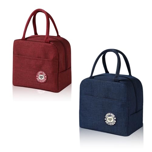 AMONENZ Lunch Bag, 2 Stück Mini Kühltasche Faltbar Lunchtasche mit Wärmedämmender Aluminiumfolie für Büro, Camping, Reisen (Burgunderrot und Marineblau) von AMONENZ