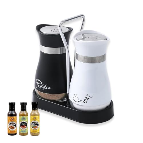 AMONENZ Salz Pfefferstreuer Set, 120 ml Pfeffer und Salzstreuer mit Halterung, Glas und Edelstahl Gewürzstreuer Camping, Schwarz-Weiß Design für Zuhause, Restaurant und Camping von AMONENZ