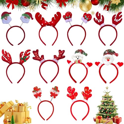 AMONENZ Weihnachtsstirnbänder, 10 Stück Weihnachts Haarreifen, Rot Weihnachts Haarreif Rentier Geweih, 10 Verschiedene Designs Haarreif Weihnachten Damen, für Weihnachten und Maskenball von AMONENZ