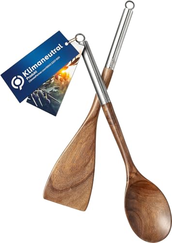 AMØRE MIO® Premium Holzkochlöffel Set 100% Plastikfrei | Akazien Holz | Edelstahl | Hochwertig | Küchenzubehör 100% nachhaltig| Pfannenwender Küchenhelfer KochlöffelGeschenk (2er Set, 33 cm) von AMØRE MIO