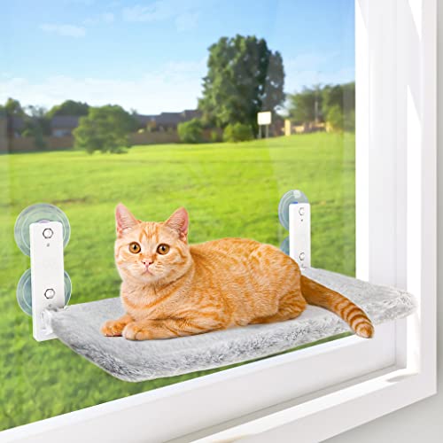 AMOSIJOY Schnurlose Katzenfensterstange, Katzenhängematte für die Wand mit 4 starken Saugnäpfen, Dübel und Schraube für 2-Wege-Montage, solidem Metallrahmen und wendbarer Abdeckung, Faltbare von AMOSIJOY