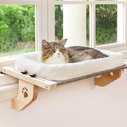 AMOSIJOY Katzenbank Fensterstange Stabile Katzenhängematte Fenstersitz mit Kissen-Bett, Holz- und Metallrahmen für große Katzen, einfach zu verstellendes Katzenbett für Fensterbank, Nachttisch, von AMOSIJOY