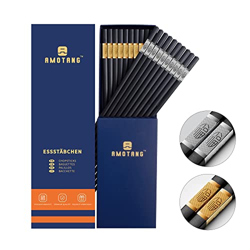 AMOTANG 10 Paar Fiberglas-Essstäbchen, Spülmaschinenfeste Sushi Stäbchen mit metallgeschnitztem Chinesisches 'FU', Rutschfeste und Wiederverwendbare schwarz Chopsticks (Gold 5 Paar + Silber 5 Paar) von AMOTANG