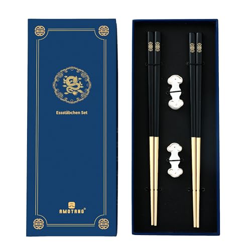 AMOTANG 2 Paar Edelstahl Essstäbchen mit chinesischer Verbotene -Stadt Design, inkl. 2 Keramik Chopstick-Halter. Spülmaschinenfest, rutschfest und wiederverwendbar Stäbchen in Schwarz von AMOTANG